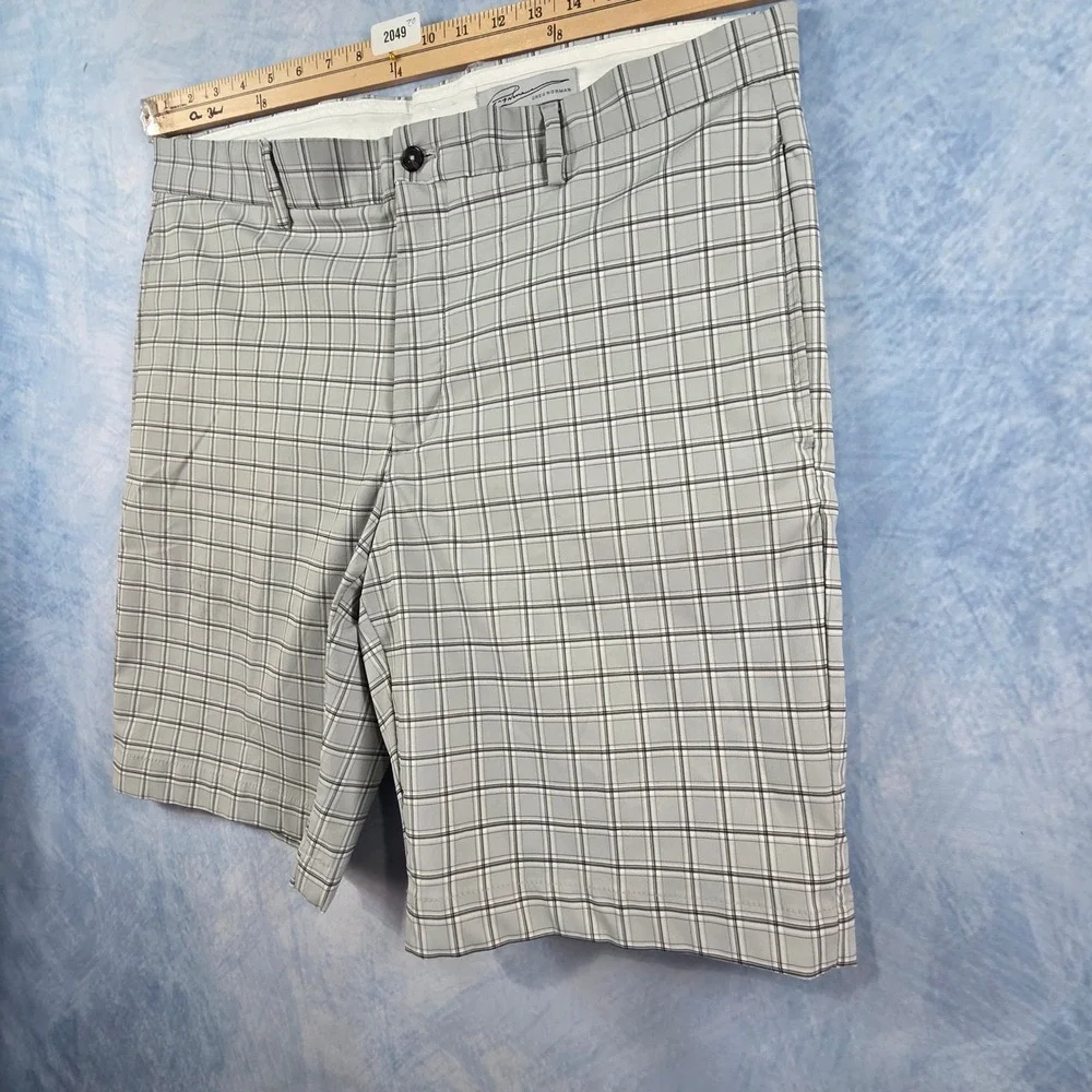 Greg Norman Mens Grey Plaid Golf Shorts Size 36 Performance‎ Stretch Shark Logo